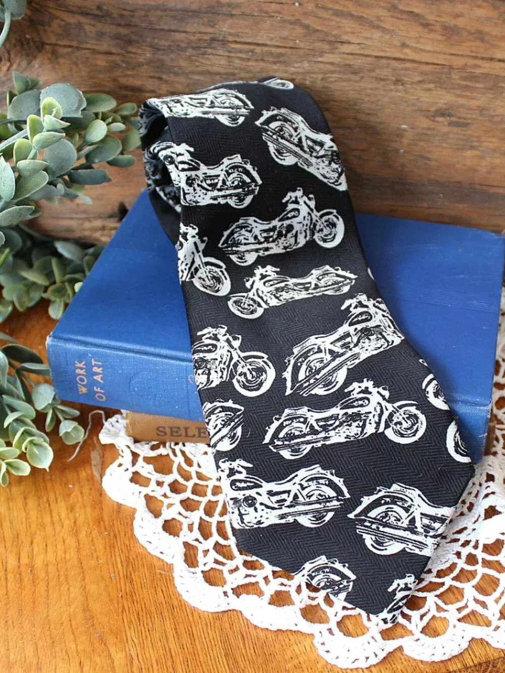 Vintage Beverly Hills Polo Club Motorcycle Tie Black White Novelty Biker, Mens